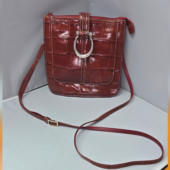 Brighton Handbags - Brighton Croc-Embossed Wine Crossbody with Silver Ring